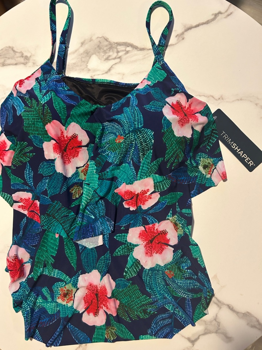 Lands' End Navy Floral Tankini Top with Pink Blooms